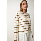  Women's Bone Brown Stylish Buttoned Striped Knitwear Cardigan Cijene