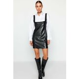 Trendyol Black Faux Leather Square Collar Mini Gilet Knitted Dress Cene