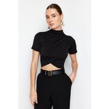 Trendyol Black High Neck Short Sleeve Draped Crop Blouse Knitted Blouse | shoptok.hr