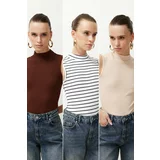 Trendyol Brown-Beige-Multicolor 3-Pack Fitted/Fitted Stretch Knitted Blouse