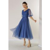 By Saygı Front Back V Neck Short Balloon Sleeve Lined Bud Pattern Silvery Dahya Fabric Dress | shoptok.hr