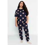 Trendyol Curve Navy Blue Teddy Bear Pattern Knitted Pajamas Set Cene