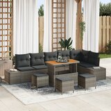 vidaXL 10-delna vrtna kavčna garnitura z blazinami sive poly ratana Acacia, 2-sedežni vrtni kavč z blazinami sive poly ratana, 4-delni vrtnarski jedilni set z blazinami sive poly ratana Acacia | Shoptok.si