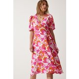  Women's Pink Orange Patterned Summer Wrap Viscose Dress | Eponuda.ba