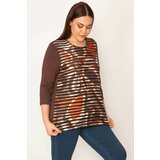 Şans women's plus size brown stone and print detailed capri sleeve blouse Cene