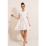 By Saygı Double Breasted Neck Waist Belted Lined Lace Dress Ecru cene