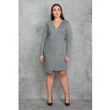 Şans Women's Plus Size Gray Checkered Waist Detail Wrapped Lined Dress Cene