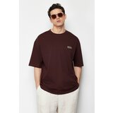 Trendyol men's brown oversize 100% cotton crew neck minimal text printed t-shirt Cene