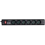 Eaton Protection Strip 6 DIN, 10A, 2500W; Input: Schuko, Outputs: (6) Schuko; Power Cord Lenght 1m; Over voltage protection; On/Off switch; LED indication; 2yr warranty Cene