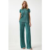 Women's Vibrant Green Pleated Casual Blouse Trousers Set  Women's Vibrant Green Pleated Casual Blouse Trousers Set Slike