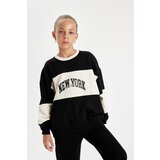 Defacto Girl Black Oversize Fit Wide Pattern Crew Neck Slogan Printed Sweatshirt Cene