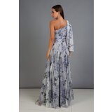 Carmen Indigo Printed Single Sleeve Slit Long Evening Dress | Shoptok.si