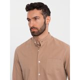 Ombre Men's linen shirt with stand-up collar and pocket REGULAR FIT - light brown | Shoptok.si