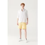 Avva Yellow 100% Cotton Shorts with Side Pockets, Elastic Waist, Linen Textured Relaxed Fit Shorts.