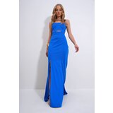 Trend Ala&ccedil;atı Stili Women&#039;s Blue Adjustable Strap Out Cut Slit Graduation Dress cene