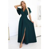 Numoco 581-8 JENNIFER long dress with a leg slit, sleeves and a neckline - bottle green u