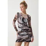  Women's Brown Patterned Gathered Mini Chiffon Dress