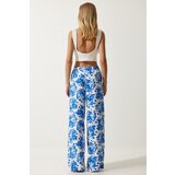  Women Ecru Blue High Waist Summer Wide Viscose Trousers | Shoptok.si