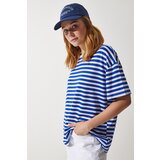 Happiness İstanbul women's blue crew neck striped oversize knitted t-shirt Cene