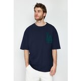 Trendyol Navy Blue Men's Oversize Suzene City Embroidered 100% Cotton T-Shirt Cene