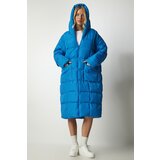Happiness İstanbul Women's Sky Blue Oversized Long Down Coat with a Hoodie Cene