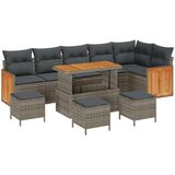 vidaXL 10-delni vrtnarski kavč set z blazinami siva poli ratan akacija, 4-delni vrtnarski jedilni set z blazinami siva poli ratan akacija | Shoptok.si