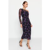 Trendyol Black Printed Asymmetrical Collar Close-fitting Lined Tulle Midi Knit Dress cene