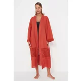 Trendyol Cinnamon Belt Maxi Woven Ruched 100% Cotton Kimono & Caftan