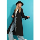 Trend Alaçatı Stili Women's Black Self Belt Pocket Detailed Lined Trench Coat