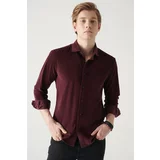Avva Men's Burgundy Velvet Buttoned Collar Cotton Standard Fit Normal Cut Shirt
