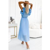 numoco basic Pleated chiffon midi dress with a neckline and delicate ruffles Numoco | shoptok.hr