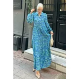 Madmext Blue Half Button Polo Neck Floral Dress With Elastic Wrists