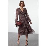 Trendyol Brown Floral Belted A-Line Midi Double Breasted Collar Patterned Chiffon Woven Dress | Shoptok.si