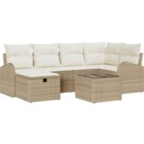 vidaXL Set vrtne sofe s jastučićima Bež poli ratan, Dvosjedna vrtna sofa s odlaganjem i jastučićima Bež poli ratan | shoptok.hr