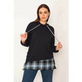 Şans Women's Plus Size Navy Blue Hooded Hem Plaid Garnish Sweatshirt Cene