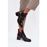 Zazoo Leather Lacquered Block Heel Ankle Boots with Decorative Detail Insulated | shoptok.hr