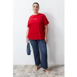 Trendyol Curve Red Slogan Printed Oversize Knitted T-shirt