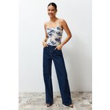Trendyol Blue Floral Printed Special Textured V Neck Strappy Flexible Knitted Blouse cene