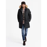 Ombre Men's long warm parka jacket with hood - black