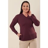 By Saygı V-neck Acrylic Sweater with Patterned Sleeves and slits in the sides, Plus Size Plum Plum. Cene