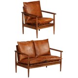  2-dijelni set sofa od prave kože i masivnog drva bagrema smeđi u