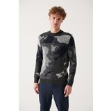 Avva Men's Gray Crew Neck Jacquard Standard Fit Normal Cut Wool Sweater Cene