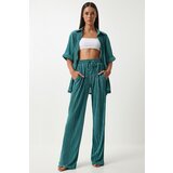 Happiness İstanbul Women's Green Pleated Shirt and Trousers Set