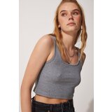  Women's Gray Weightlifting Corduroy Crop Knitted Blouse Cene