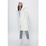 By Saygı Hooded, Lined, Belted Waist, Pocketed Long Fur Coat Ecru | shoptok.hr