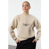 Trendyol Stone Thick Inside Fleece Zipper Stand Collar Oversize/Wide Fit Knitted Sweatshirt