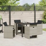 vidaXL 5-delna vrtna jedilna garnitura s blazinami Svetlo siva Poli Ratan, Vrtna miza Črna 80x80x73 cm Kaljeno steklo | Shoptok.si