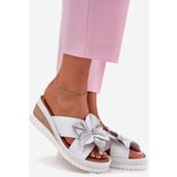 ARTIKER Leather Women's Slippers On Wedge With Decorative Flower White-Silver | ePonuda.com