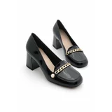 Marjin Women's Chunky Heel Chain Flat Toe Classic Heel Shoes Makros Black Patent Leather