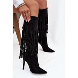 Boto Women's High Heel Boots with Fringes Black Isalune | shoptok.hr